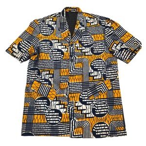Vintage African Wax Print Short Sleeve Blazer‎ Jacket Yellow Navy Geometric XL